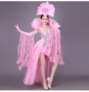 Light pink orange red green sequined feather new year celebration women's girls samba opening dancing competition carnival performance dance dresses costumes