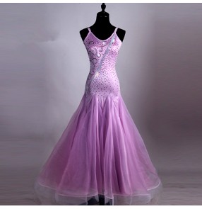 Light violet rhinestones competition Ballroom Dance Dresses sleeveless Flamenco Costume Women Cheap Stage Ballroom Dresses