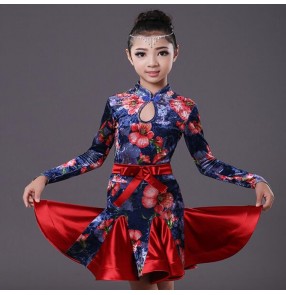 long sleeves velvet floral kids Latin dance one piece dresses for little girl children ballroom costume performance wear