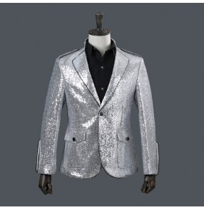 male men's silver paillette costumes stage wear Photos fashion nightclub bar singer dancing blazer suit show drummer performance jackets