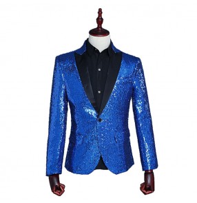 Men's male royal blue red sequined competition stage performance party show jazz night club dancers singers dance jackets blazer suit dresses