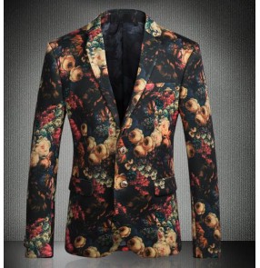 men's Rose Flower singers dancers Blazer Jacket Groomsmen Wedding Blazers Slim Fit Evening Party Dress Suit Blazer Masculino