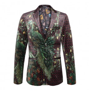 Men's singers dancers Peacock Printed Blazer Men Slim Unique Fashion Single Breasted Formal Dress Coat Wedding Party Stage Suit Jacket 