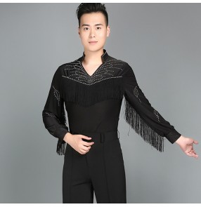 Mens Latin Dance Shirt Black fringes Men's Ballroom Shirts Modern Rumba Cha Cha Samba Tango Salsa Dance Shirt