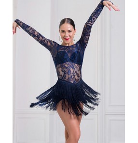 Navy black lace latin dance competition costumes ladies dress professional dresses competition dance Women adult salsa dancing clothes 