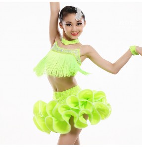 Neon green royal blue vestido latino para niños Latin Dance For Children Tassel Latin Competition Dancing Dresses Girls Latin top and Fringe Skirt