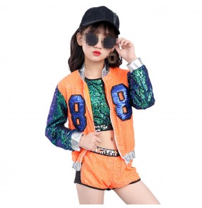 Neon orange green sequined patchwork long sleeves girls kids children hip hop jazz singers model competition performance costumes outfits