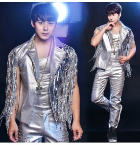 new fashion men's silver vest sequins nightclub bar outerwear jacket costume male dj singer dance stage coat jazz blazer Pants