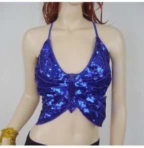  new women cheap sequined belly dance sexy butterfly top straps belly dancing costume tops on sale