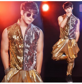 Nightclub sequined Male Gold silver Tassel  Gold Vest costume Party show stage performance wear male Ds Dj Suit pants