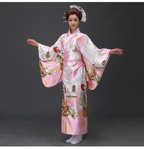 Pink red floral traditional anime  film party cosplay Japanese Kimono Vintage Tradition Silk Yukata Dresses with Obi robes