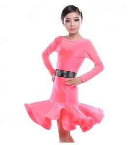 Pink red leopard long sleeves girl's children stage performance school competition ballroom latin dance dresses costumes with stone belt