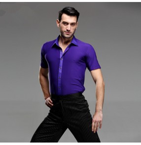Purple violet short sleeves men's male adult competition performance spandex ballroom latin salsa cha cha dance shirts tops 