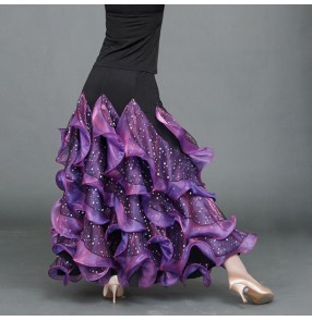 Purple violet turquoise red fuchsia sequined long length women's female competition exercises ballroom tango waltz dancing skirts