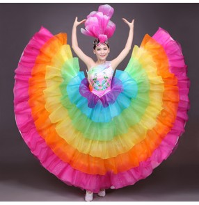 Rainbow colored big skirted women's girls opening Spanish flamenco stones performance cosplay one shoulder competition ballroom bull dance dresses costumes