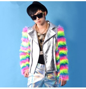 Rainbow colored faux fur sleeves pu leather patchwork fashion men's jazz singers dancers hip hop drummer model photos shot performance jackets coats