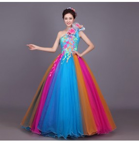 Rainbow colored flamenco performance cosplay Chorus Full skirted Dress Folk Dancing Women's Opening Stage Costumes Chorus Dress