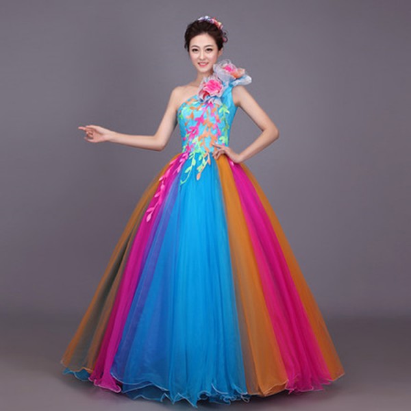 Rainbow colored flamenco performance cosplay Chorus Full skirted Dress Folk Dancing Women s Opening Stage Costumes Chorus Dress