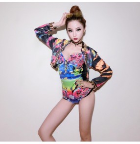 Rainbow colored graffiti printed fashion women's girls competition stage show performance hip hop jazz photos shot dance outfits costumes