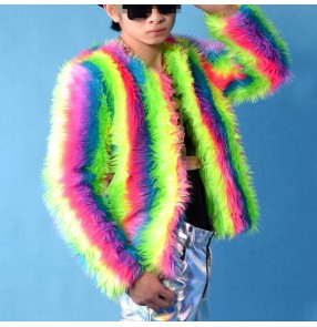 Rainbow colored men's male competition stage performance jazz singers dancers hip hop dance faux fur tops short jackets