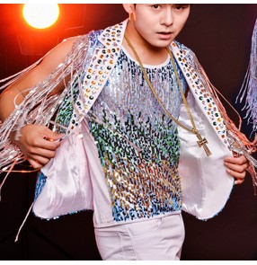 Rainbow colored sequined glitter fashion men's male competition stage performance rehearsal program singers jazz dancing waistcoats