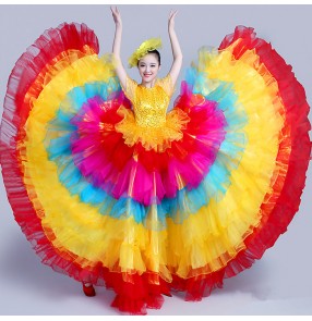 Rainbow colored women modern dance opening rehearsal Spanish senior Flamenco Dancer Fancy Dress Costume /Spanish Flamenco Dance