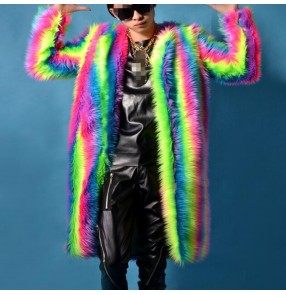 Rainbow striped colored fashion men'e male competition performance cosplay singers jazz hip hop dance long length faux fur coats tops