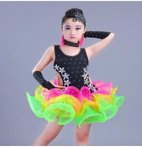 Rainbow vestido latino de chica Stage Performance Girls Costumes Latin Dance Clothing diamond  Kids Latin Salsa Dresses Samba Dance Costumes