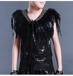 Real Peacock feather diamond boy's kids children stage performance party show competition drummer model dance wrap capes shawls