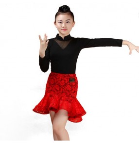 Red and black coffee Lace Child Latin Dance Dresses Kids Ballroom Dance Costume Girl Modern Dance Dress Stage Dance Clothing 