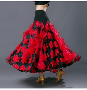 Red appliques flowers big skirted black patchwork women's female long length competition standard tango waltz ballroom dancing skirts