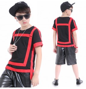 Red black patchwork leather fashion boy's competition model drummer performance hip hop jazz singers dancers dance outfits top and shorts