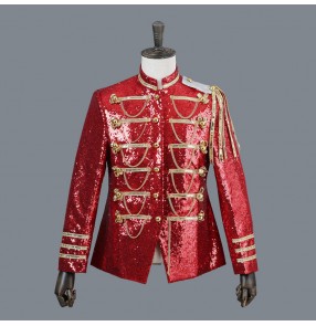 Red black silver men's sequined long sleeves England competition stage party show performance jazz singers dancers dance blazers jackets
