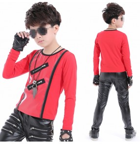 Red black white long sleeves boys kids children stage performance competition jazz hip hip dancers singers dance tops t shirts