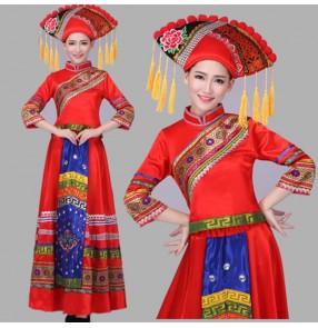 Red blue women's female chinese folk dance national hmong miao ethic minority stage performance party dancing dresses