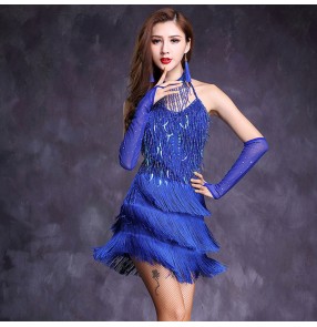 Red fuchsia royal blue sequined fringe backless competition performance women's lady female latin salsa cha cha dance dresses