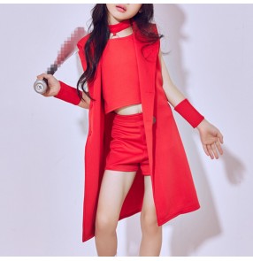 Red girl's performance kids children hip hop jazz singers dancers performance hip hop party show model competition dance costumes outfits clothes