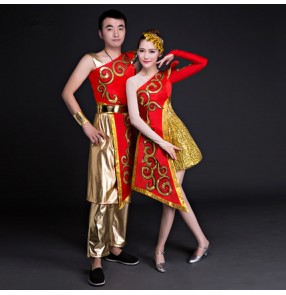 Red gold traditional chinese dance costumes women one sleeves folk dance costume national costume for woman fan clothing performance