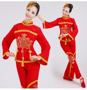 Red gold traditional chinese dance costumes women woman sleeve fan ancient  clothing national folk dance costume for woman