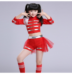 Red Kids Children Sequin Hip Hop Dance Costume Stage performance cosplay Jazz Dance Costumes Suit Girls tops and shorts outfits