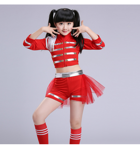 Red Kids Children Sequin Hip Hop Dance Costume Stage Performance