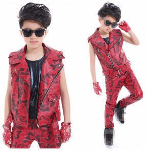 Red leopard  fashion Child Hip-hop jazz Dance Costume Kids Sleeveless T-shirt Suit Boy drummer performance Costume Girl Street Dancer Wear