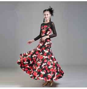 Red rose women vestido de baile flamenco long sleeves ballroom dance competition standard dress Waltz Tango Dance Dress Ballroom Costume