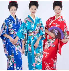 Red royal blue turquoise women traditional Japanese kimonos silk robes yukata kimono geisha cosplay dresses uniform temptation female clothes