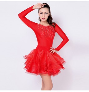 Red stones competition Stage long sleeves Women Lady Latin Dance Dresses dance Costume Performance dresses outifts vestido de danza latina