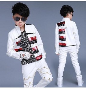 Red striped sequined white leather patchwork rivet fashion boy's kids children school competition jazz hip hop drummer performance jackets and pants