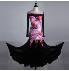 Rose black flamenco boat neck Ballroom dance costumes senior long sleeves competition ballroom dance dress waltz women dance dresses