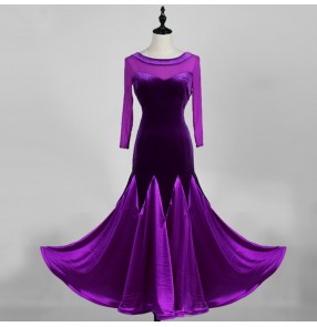 Royal blue black violet velvet Ballroom dance costumes sexy senior Long sleeves ballroom dance dress for women ballroom dance competition dresses