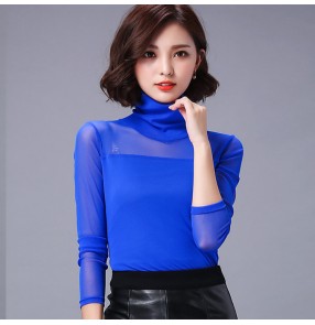 Royal blue black  women's ladies female womens short sleeves competition professional ballroom tango waltz salsa latin cha cha dance tops only 