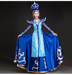 Royal blue folk dance party cosplay photos stage performance Dance clothes Costume Mongolian dance gowns dress Women clothing outfits